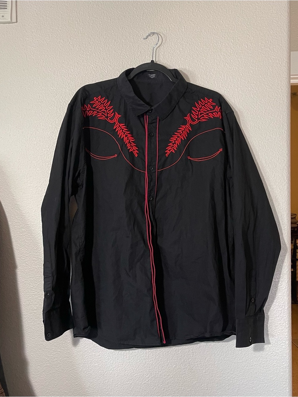 Red embroidered mens button up